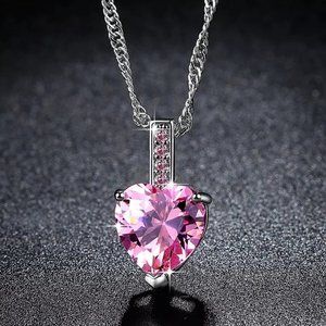 Pink Crystal Heart Pendant Choker Chain Necklace